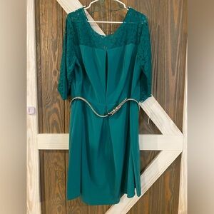 Jessica Simpson Contrast Lace Green Cocktail Work Party Dress Belt Size 16W NWT